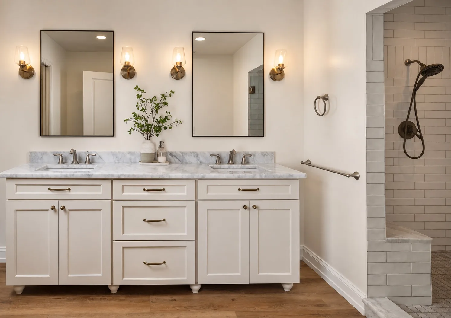 Bathroom remodel in Tampa, FL with white double vanity and walk-in shower