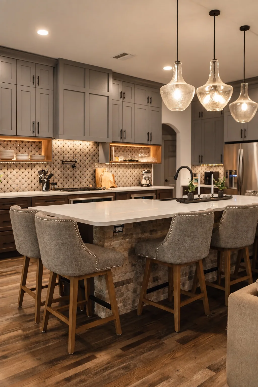 Modern gray kitchen remodel in Tampa, FL with island seating