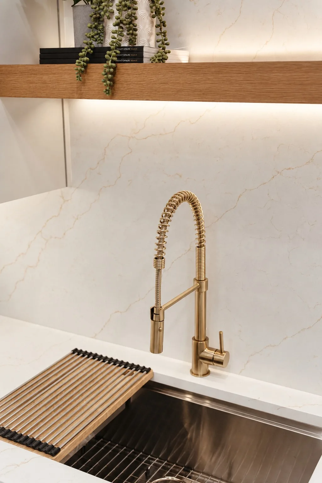 Kitchen remodel in Tampa, FL with brass faucet and quartz backsplash