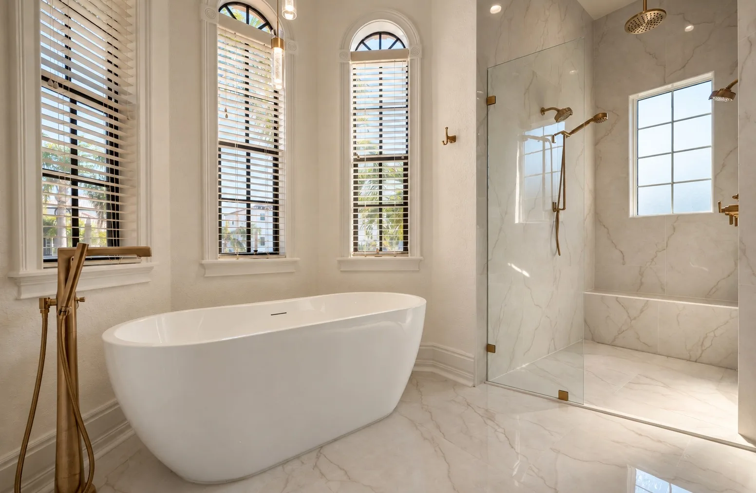 Primary bathroom remodel in Tampa, FL with freestanding tub and glass walk-in shower
