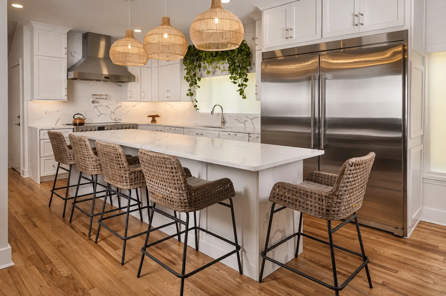 White kitchen remodel in Tampa, FL with large island and stainless steel appliances