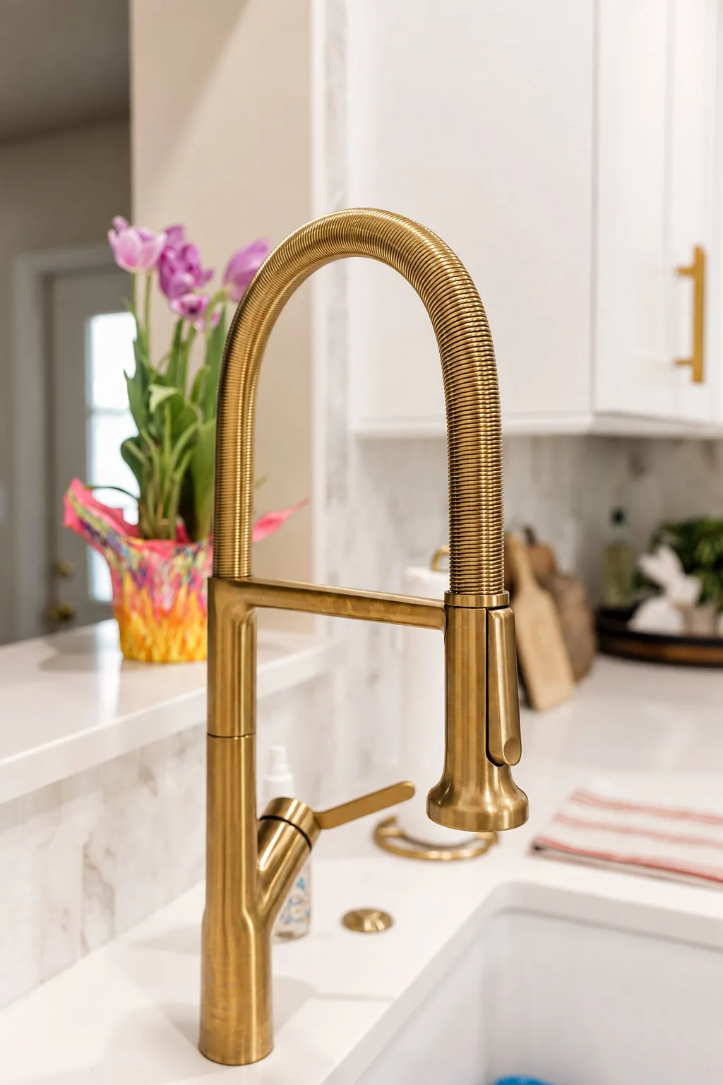 Modern farmhouse kitchen in Tampa, FL with brass faucet detail