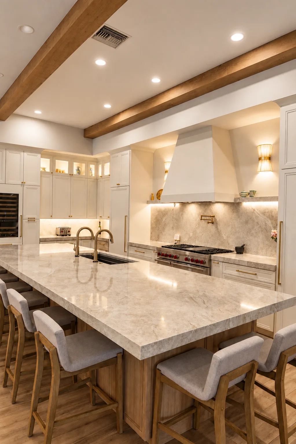 Kitchen remodel in Tampa, FL with wood beam ceiling, gas range, built-in wine fridge, and large island