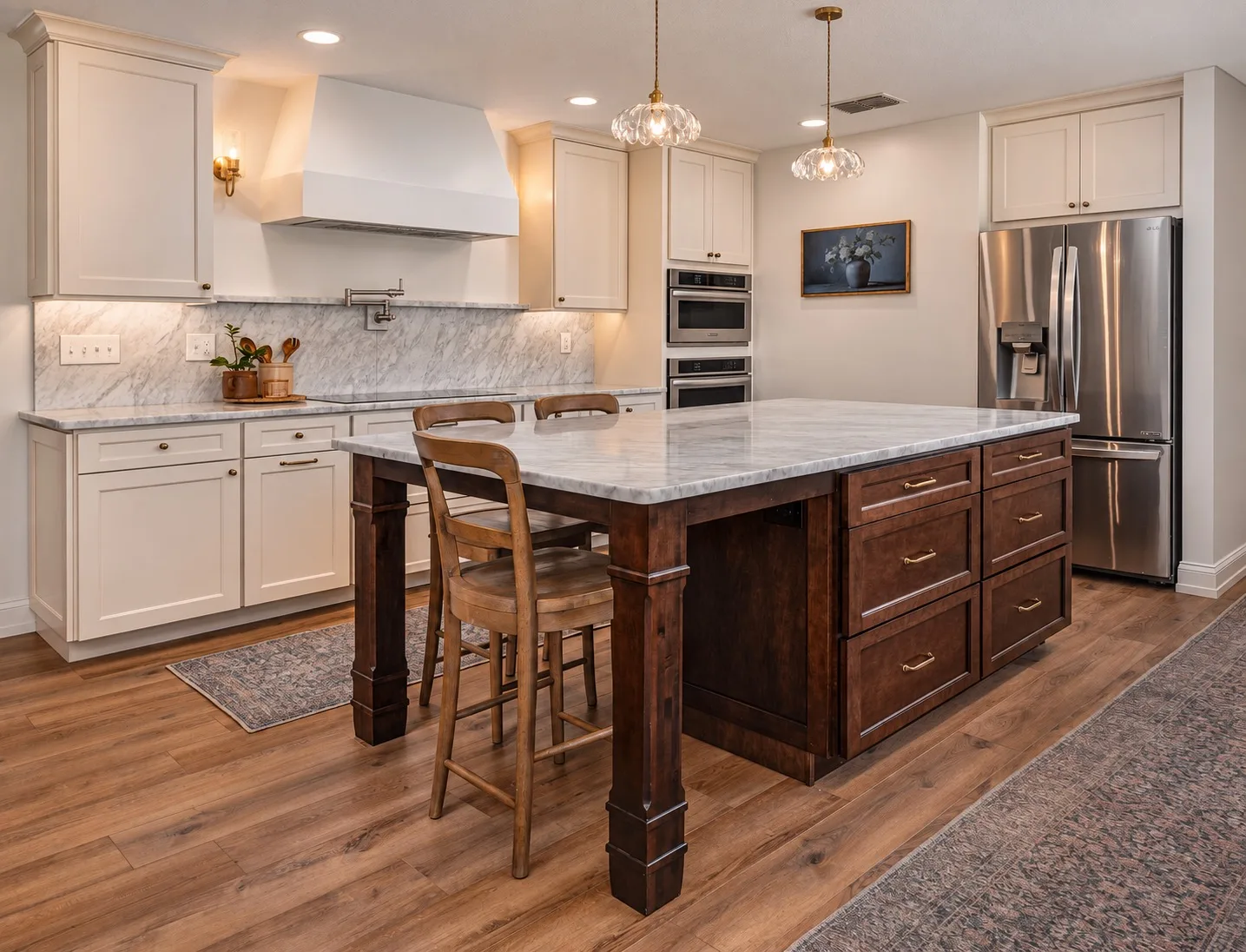 Kitchen remodel in Tampa, FL with marble island, white cabinets, and double ovens