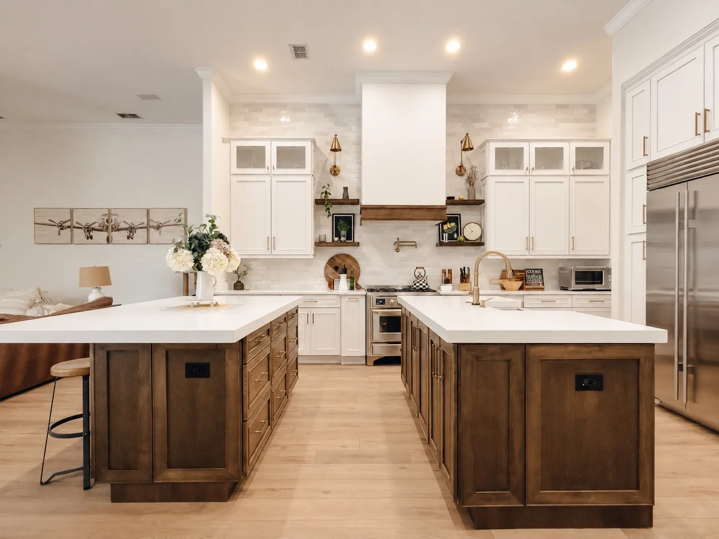 Modern kitchen remodel in Tampa, FL with dual islands and white cabinets