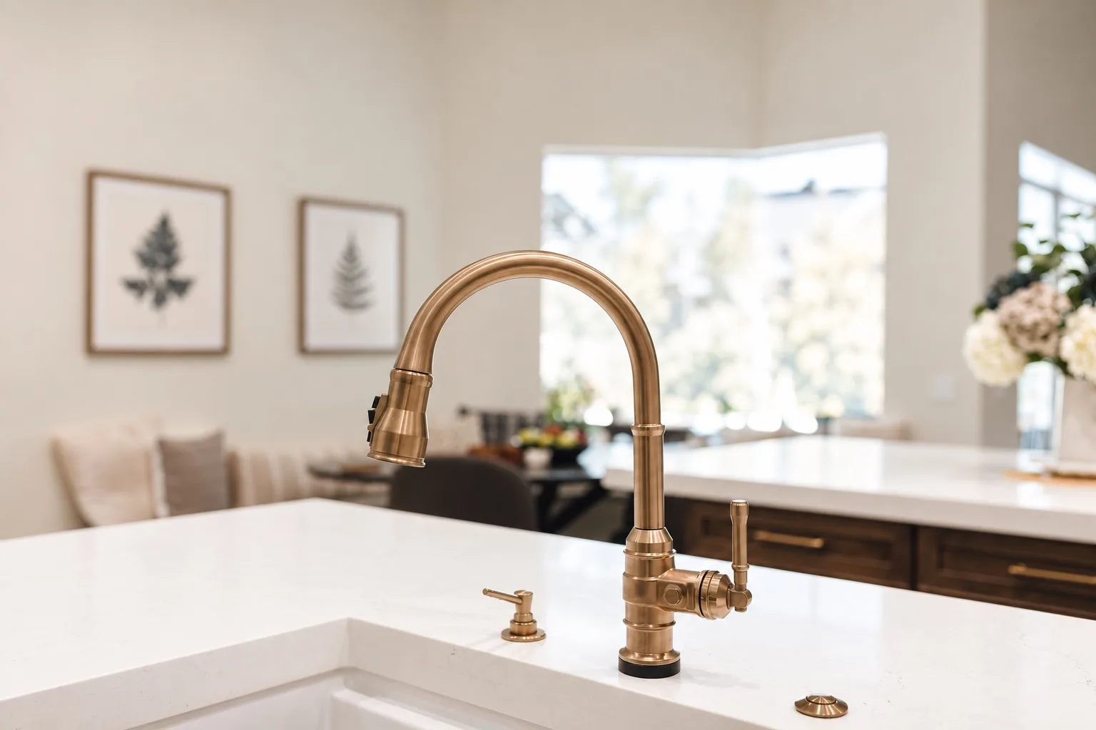 Kitchen remodel in Tampa, FL with brushed gold faucet on white quartz countertop