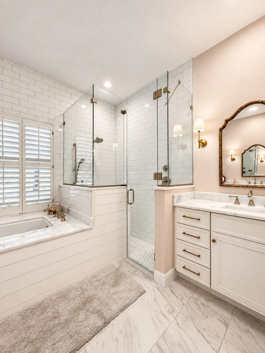 French country bathroom remodel in Tampa, FL with glass shower and soaking tub