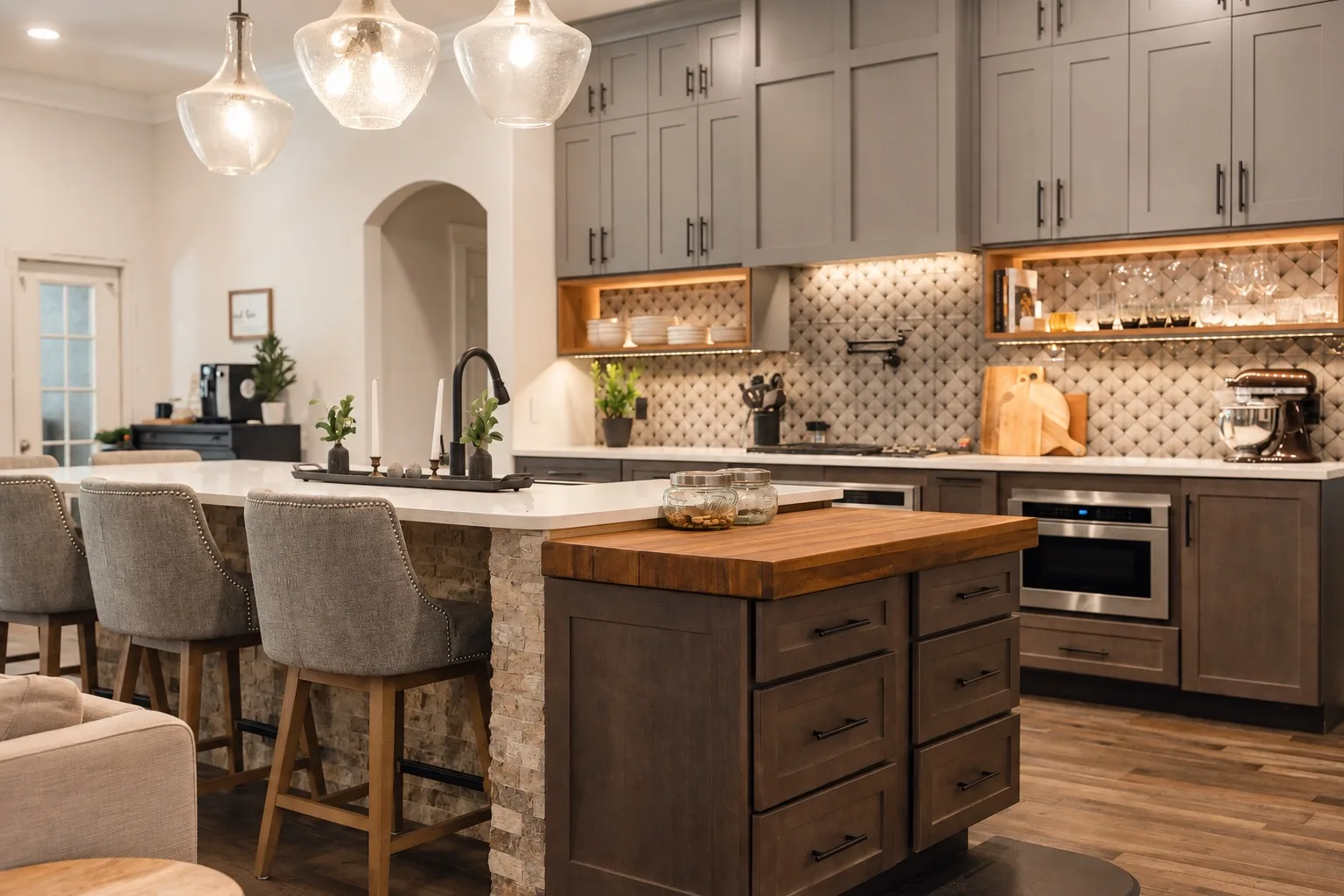 Modern kitchen remodel in Tampa, FL with gray cabinets and dual islands