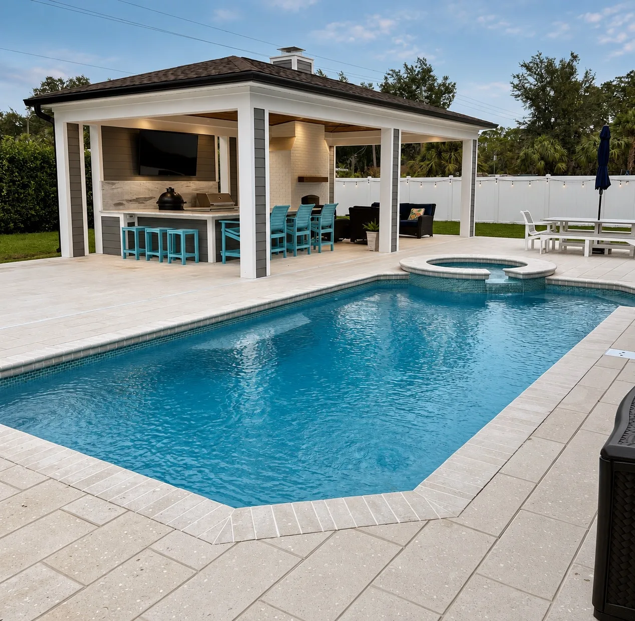 Backyard pool and pavilion in Tampa, FL with outdoor kitchen