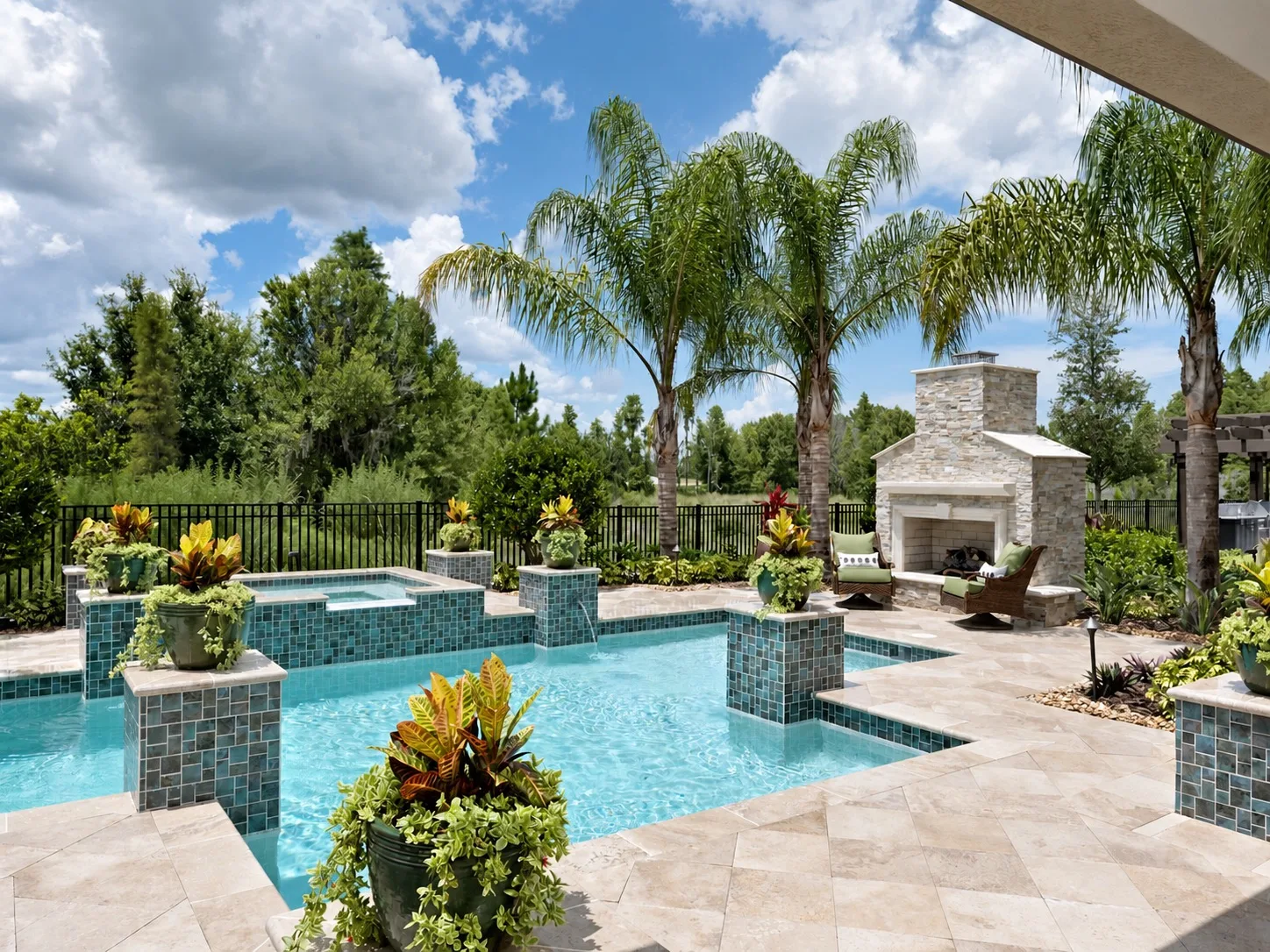 Luxury pool in Tampa, FL with outdoor fireplace