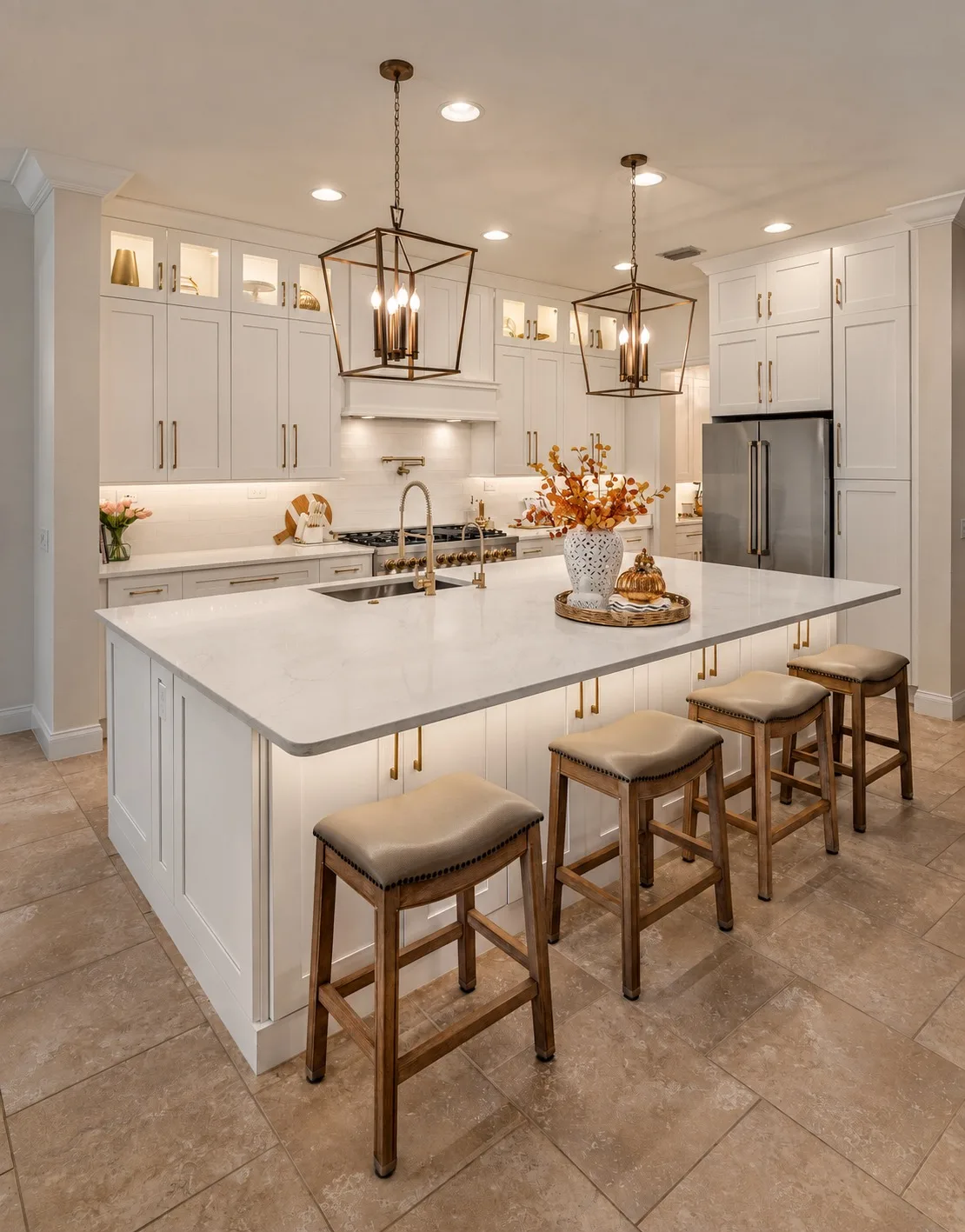 White kitchen remodel in Tampa, FL with large island and pendant lighting
