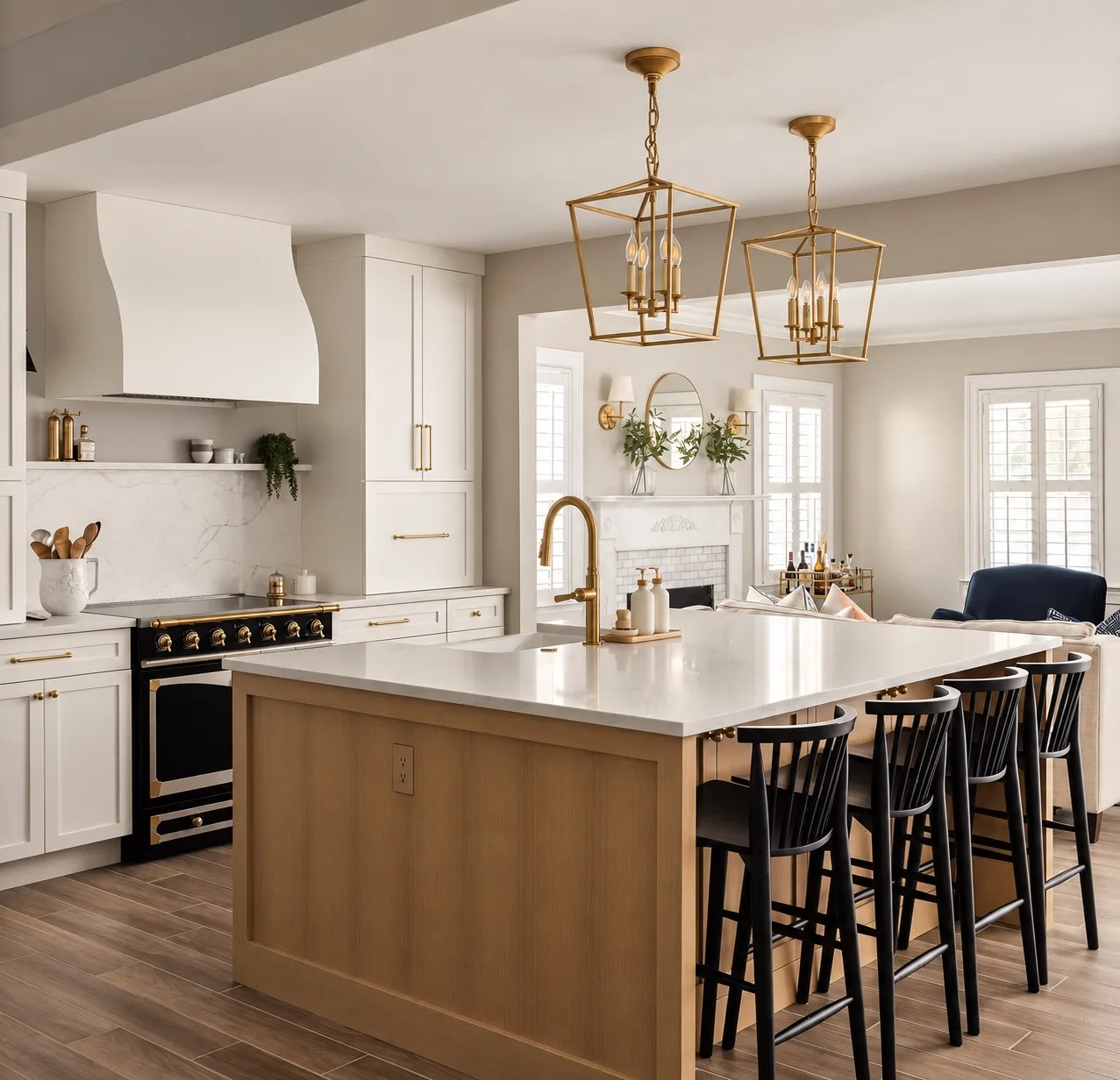 Kitchen remodel in Tampa, FL with island seating and brass lantern pendant lighting
