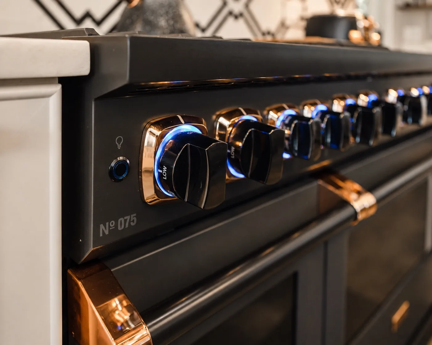 Luxury kitchen remodel in Tampa, FL with range featuring illuminated knobs