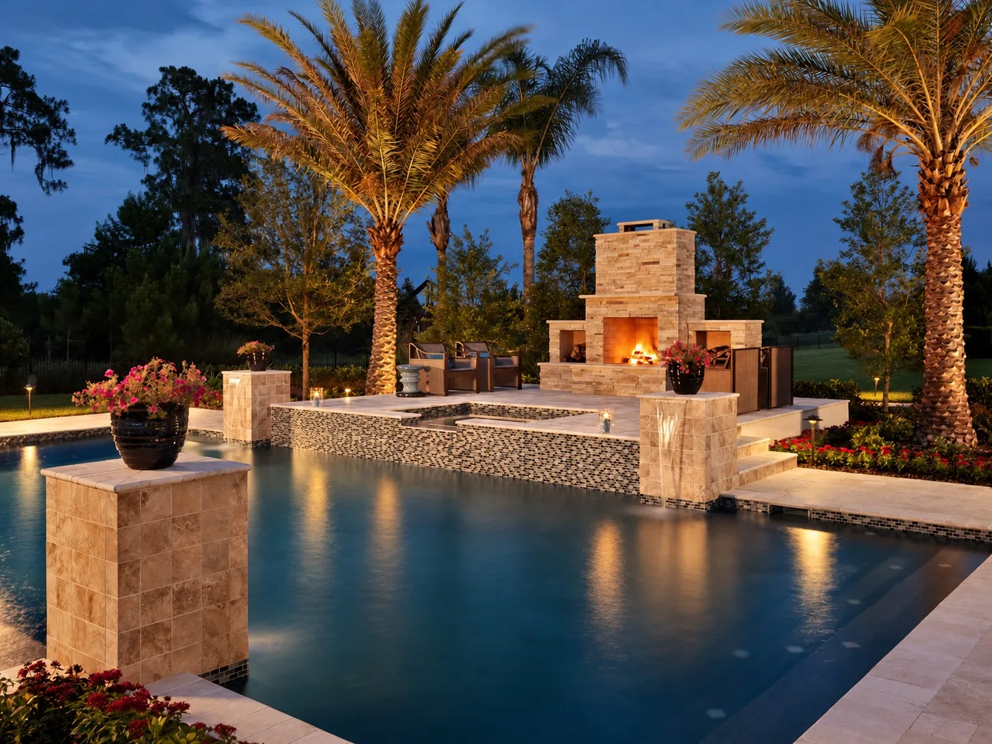 Luxury pool in Tampa, FL with fireplace and night lighting