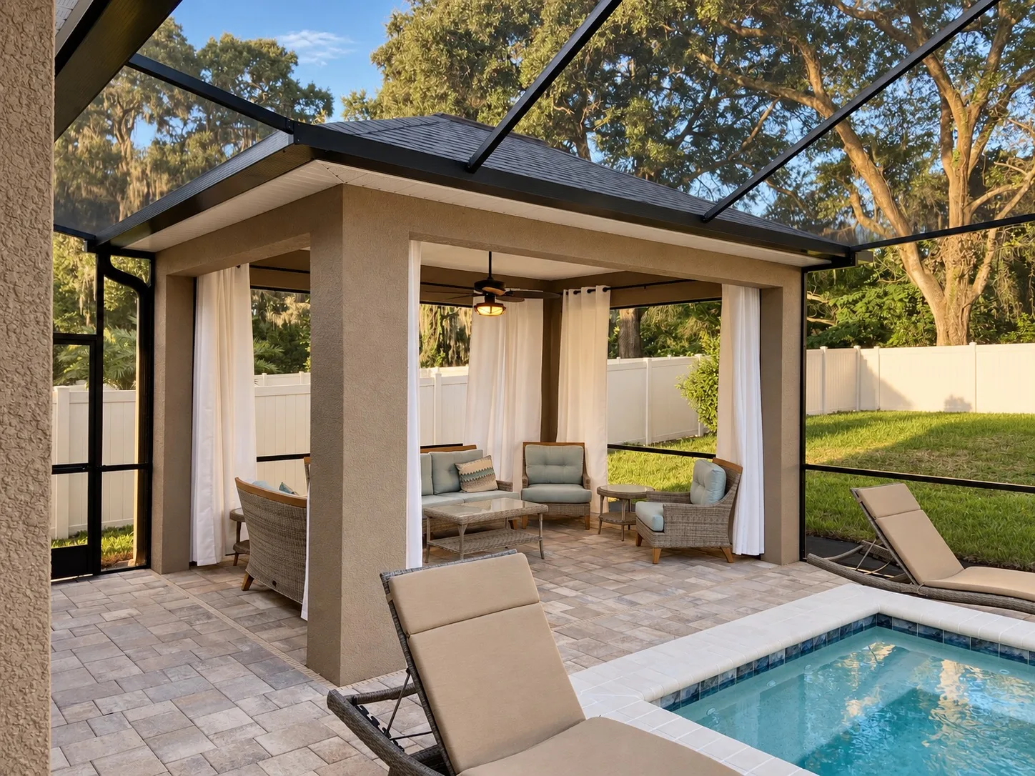 Screened poolside cabana and outdoor living space in Tampa, FL