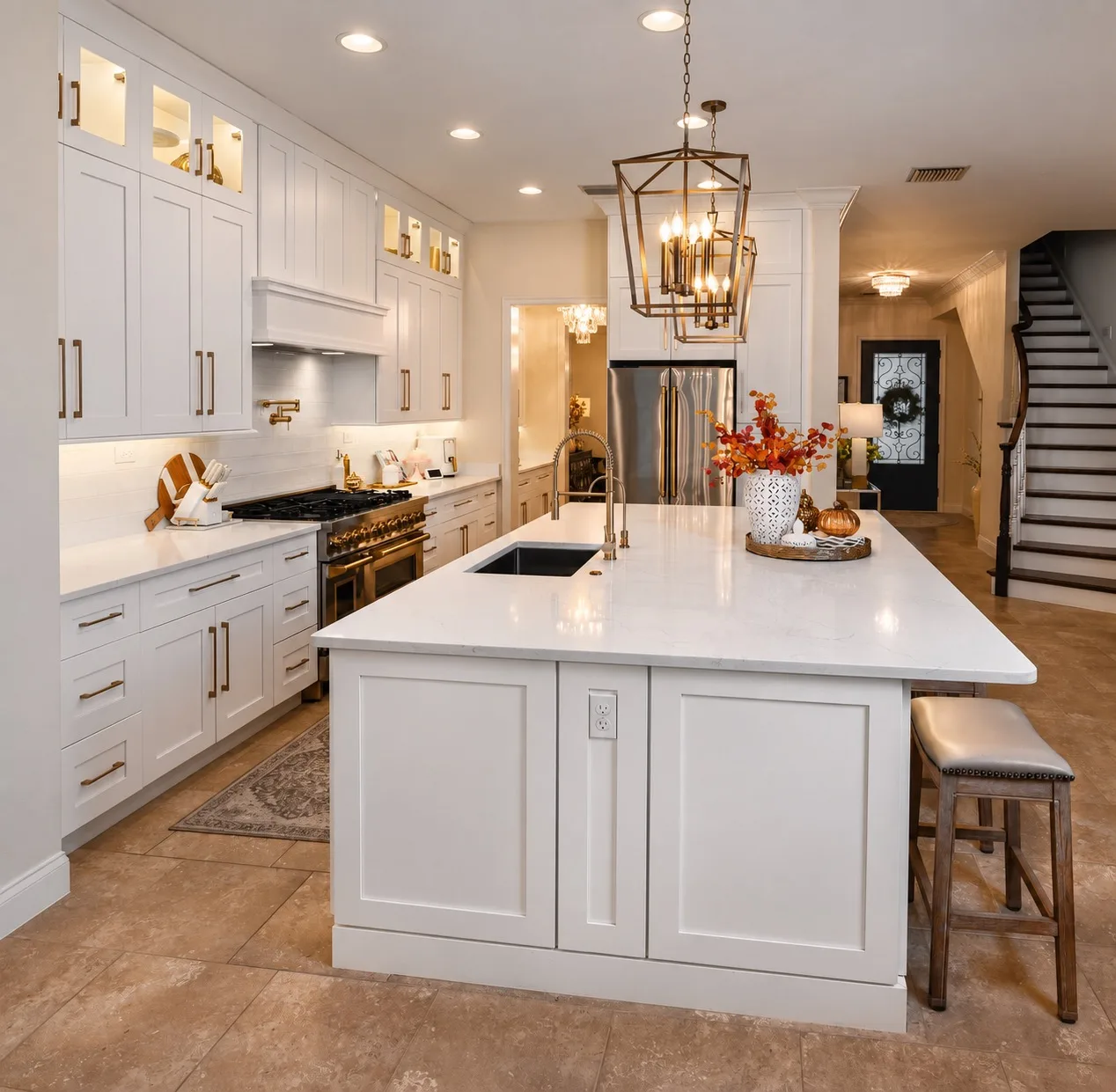 Luxury white kitchen remodel in Tampa, FL with large island and custom lighting