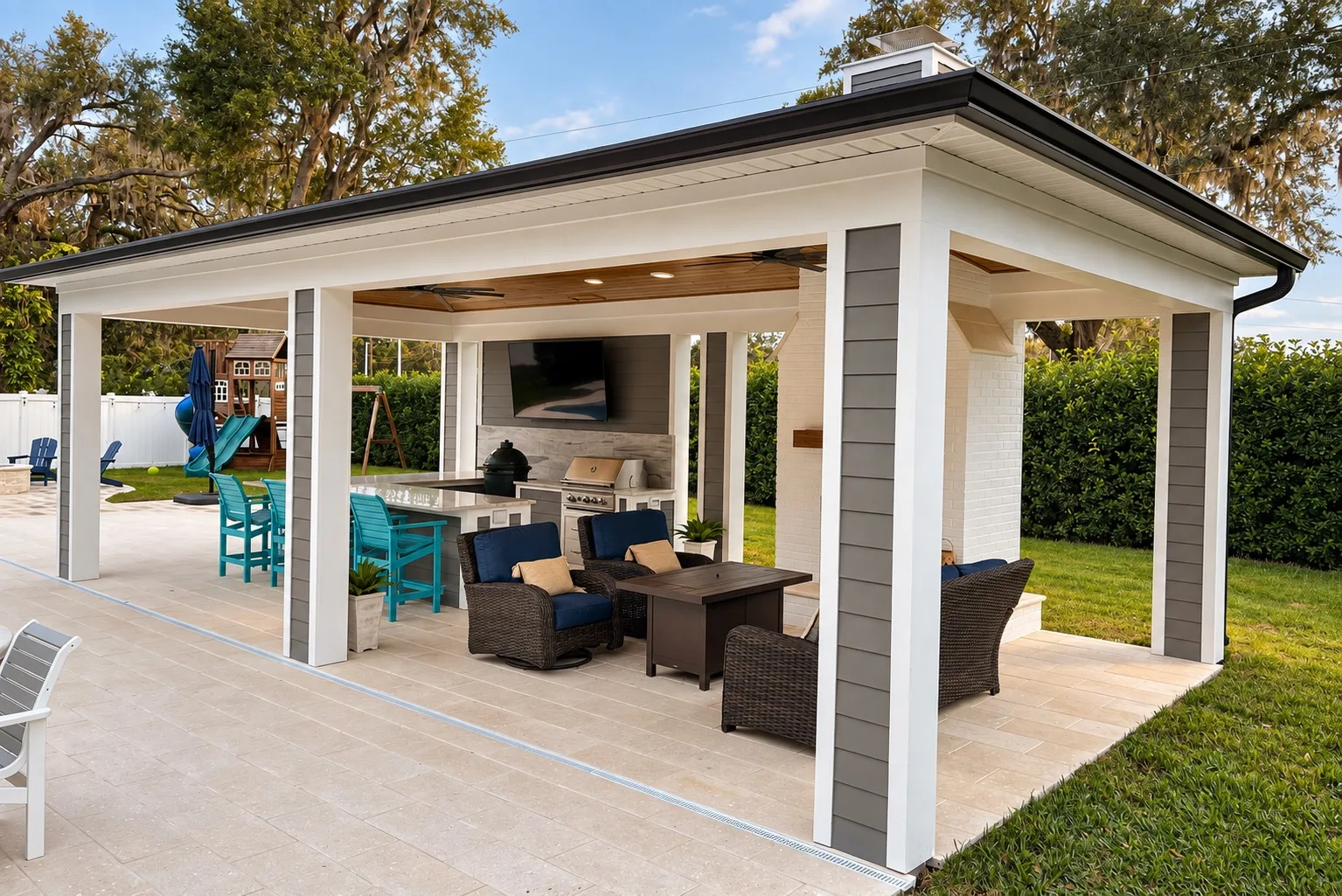 Modern outdoor pavilion in Tampa, FL with poolside kitchen