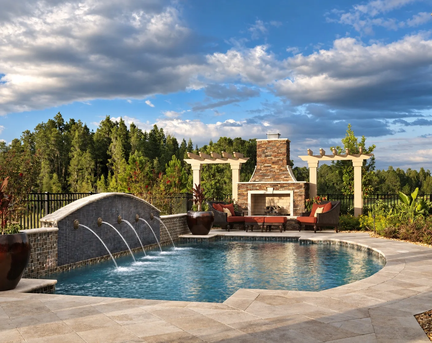 Modern outdoor pavilion in Tampa, FL with kitchen and lounge area