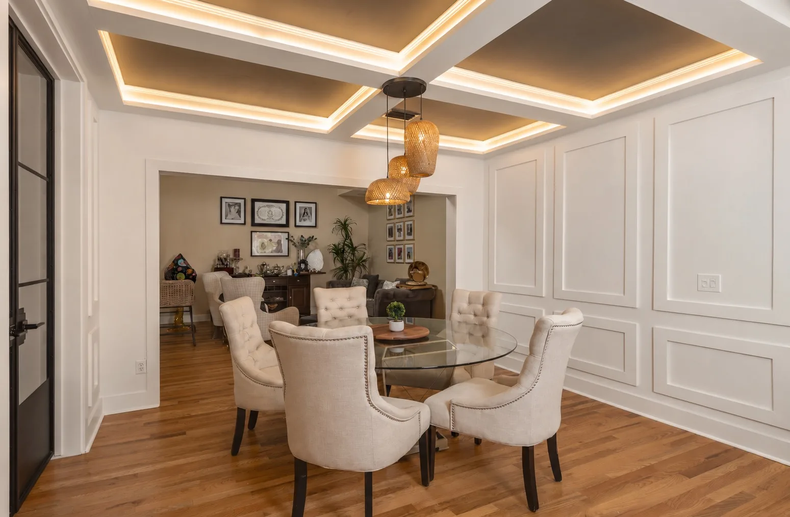 Modern dining room remodel in Tampa, FL with coffered ceiling