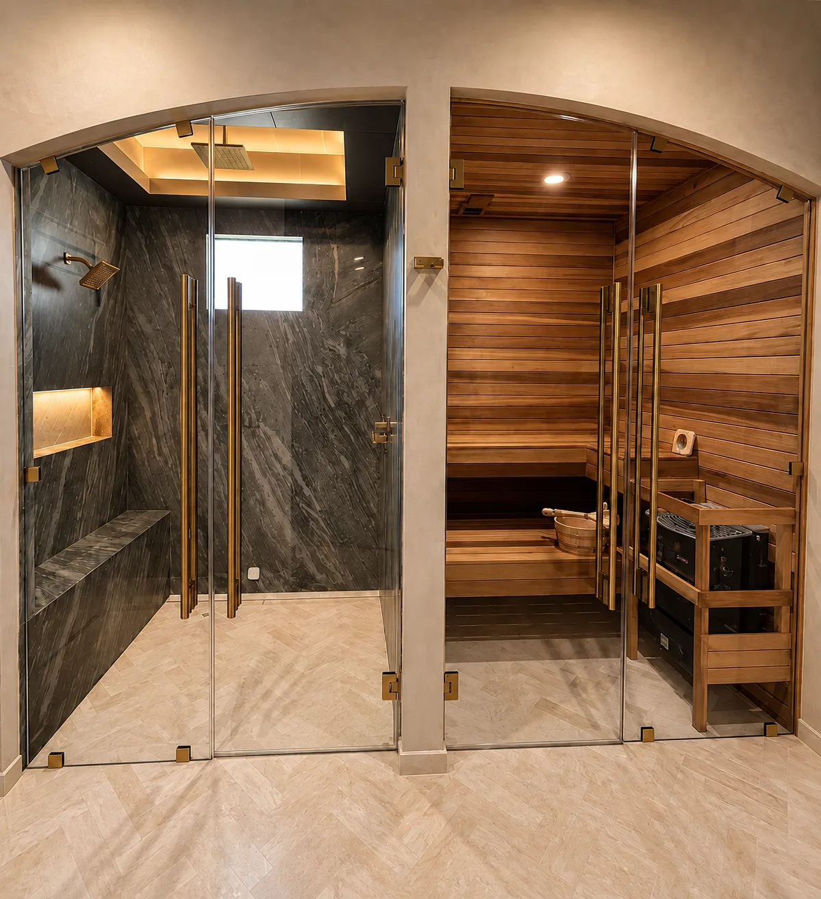 Custom home spa in Tampa, FL with marble steam shower and cedar sauna