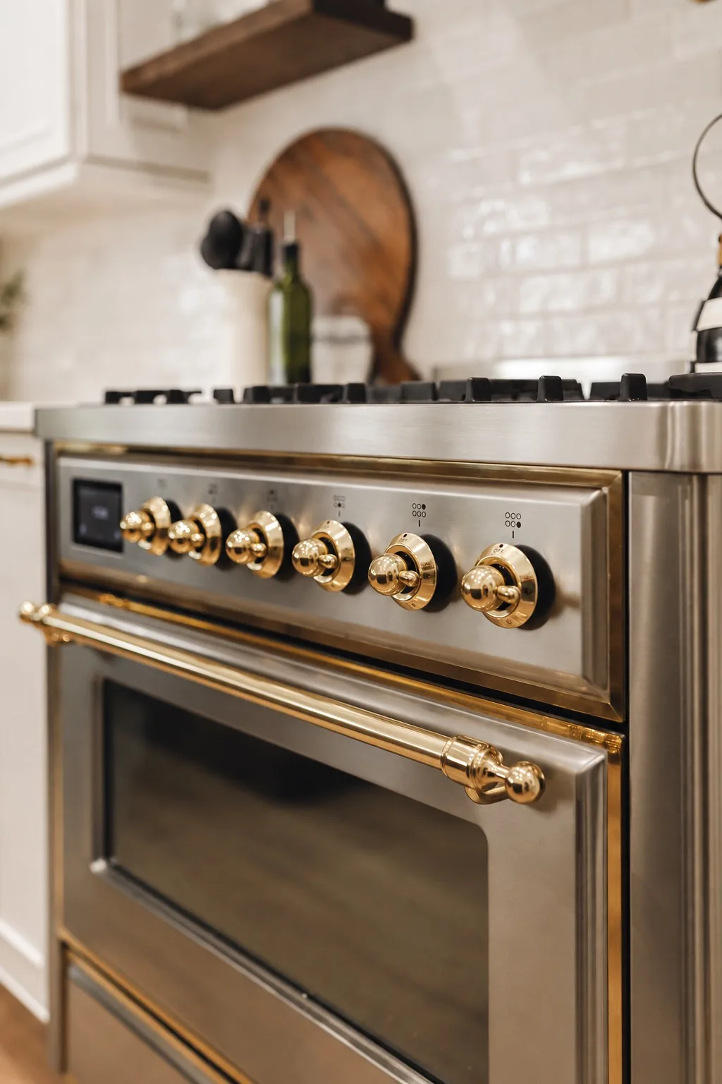Luxury kitchen remodel in Tampa, FL with stainless steel range and gold hardware